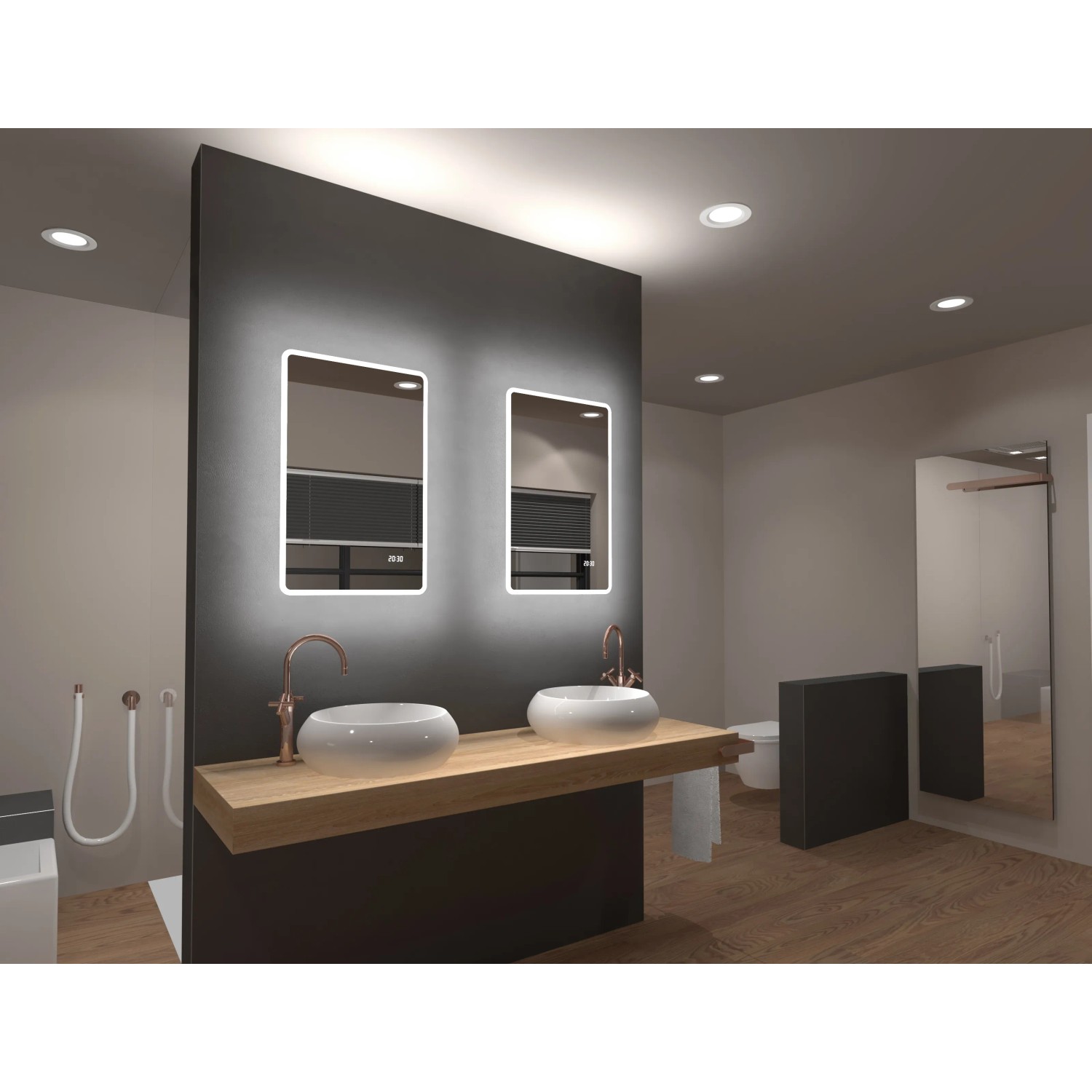 Badezimmer mit zwei DSK Design LED-Lichtspiegel Silver Porto, 45x70 cm, mit Uhr.