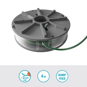 Gardena Ersatzfadenspule 2 mm für Rasentrimmer PowerTrim, graue Spule mit grünem Faden.