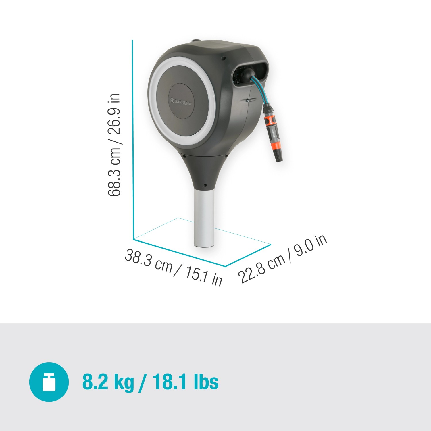 Gardena RollUp S 15 m Gartenschlauchbox mit Schlauch und Spritze, schwenkbar.