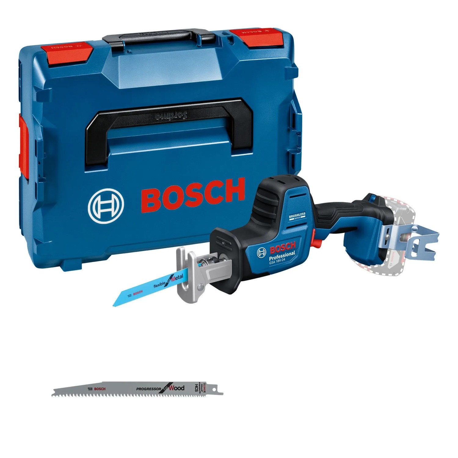 Bosch Professional Akku-Säbelsäge GSA 18V-24 im Koffer mit Sägeblatt.
