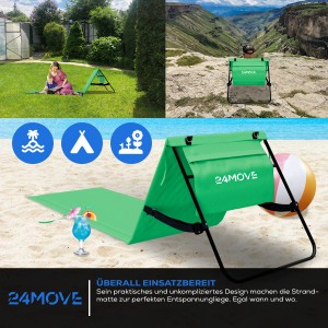 Grüne 24MOVE Strandmatte klappbar mit Rückenlehne und Tasche. Ideal für Strand, Garten und Camping.
