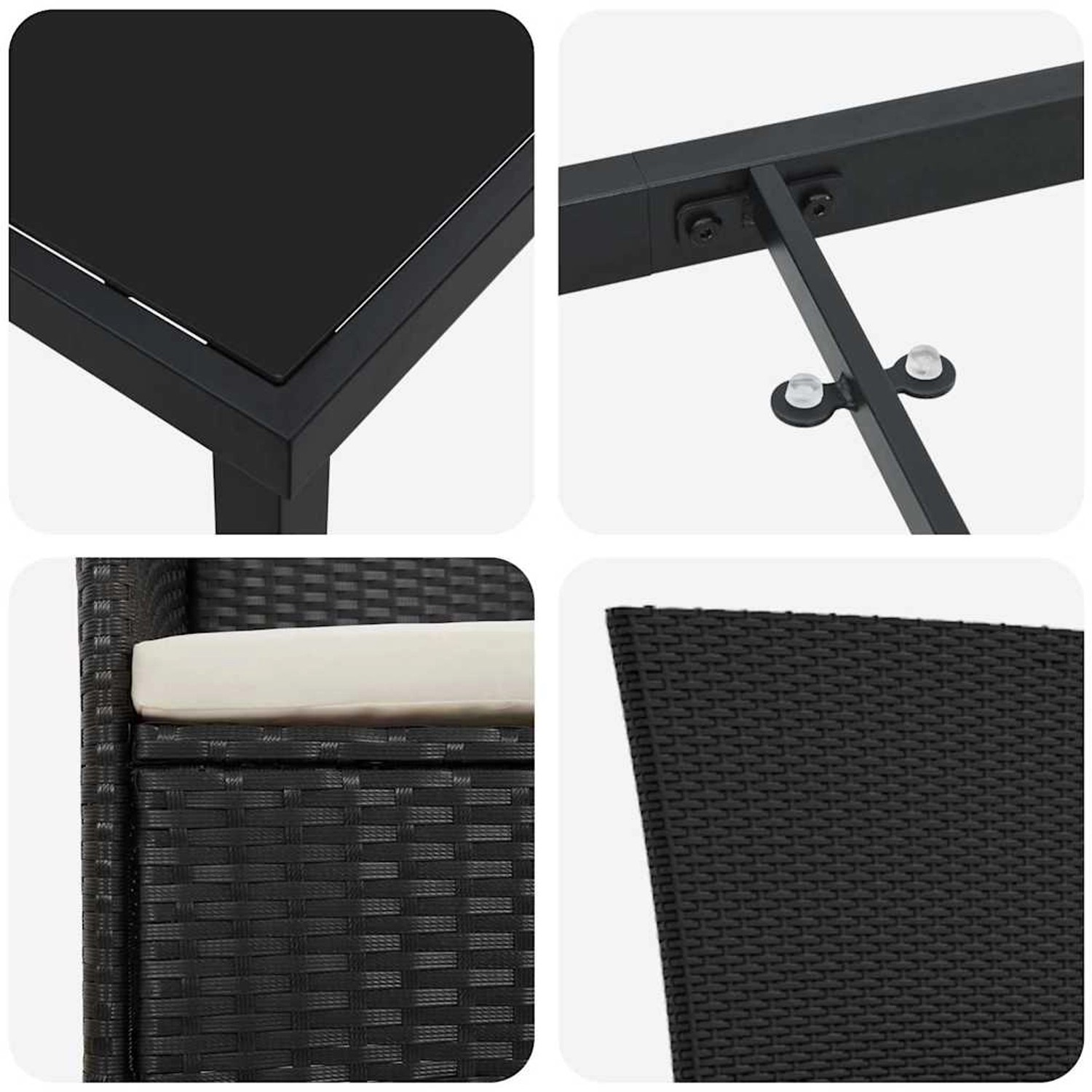 Detailansicht: Schwarze vidaXL Garten Essgruppe mit Poly Rattan, Tischplatte aus Glas, Stuhl mit Kissen.