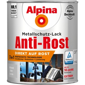 Dose Alpina Metallschutz-Lack Anti-Rost Silber glänzend, 750ml, mit Pinsel und Anwendungsbeispiel.