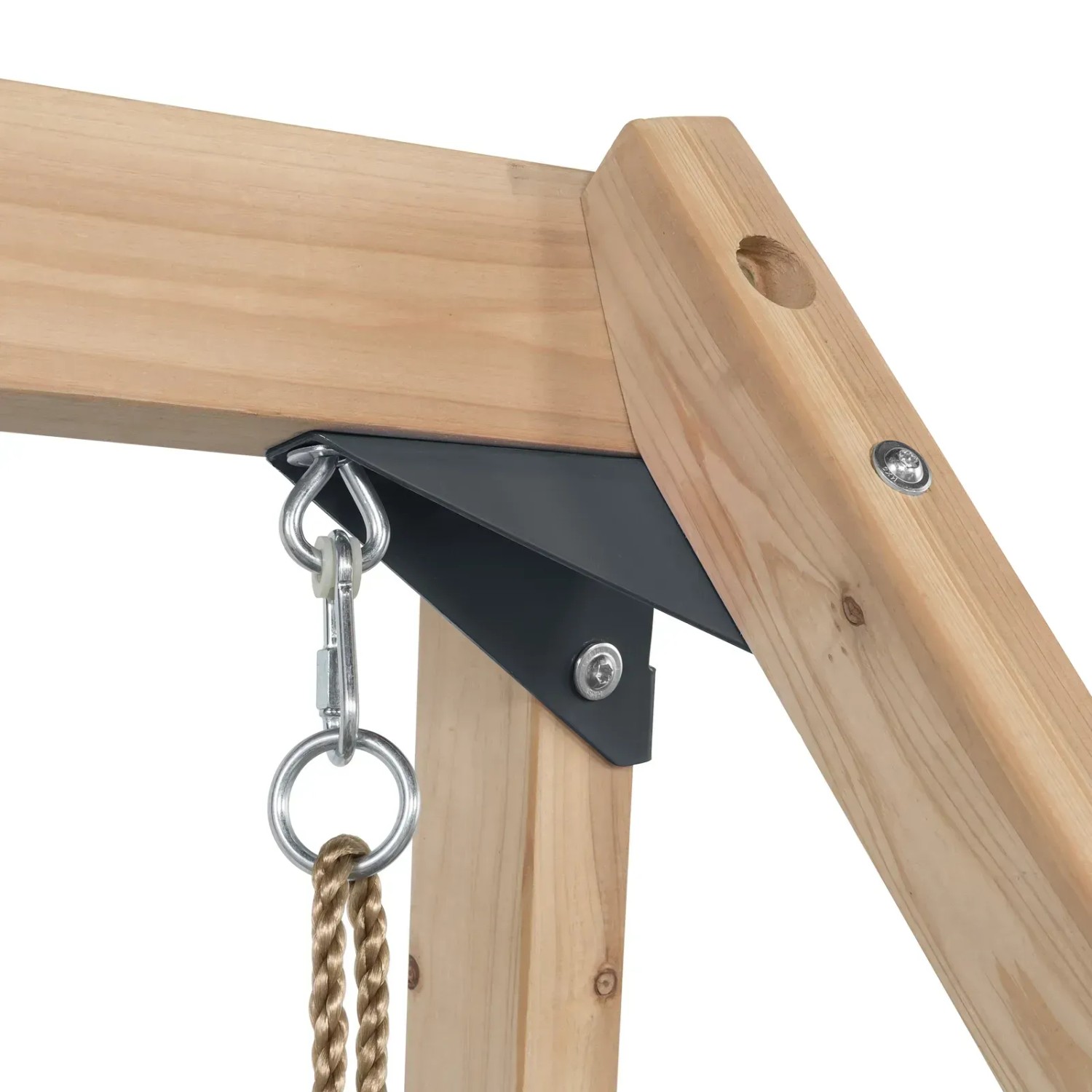 Detailaufnahme: Schwarze Halterung und Seil der Swing King Schaukel Ava aus Holz.