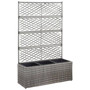Graues Poly Rattan Hochbeet mit Rankgitter und 3 Töpfen (83x30x130cm) für den Garten.