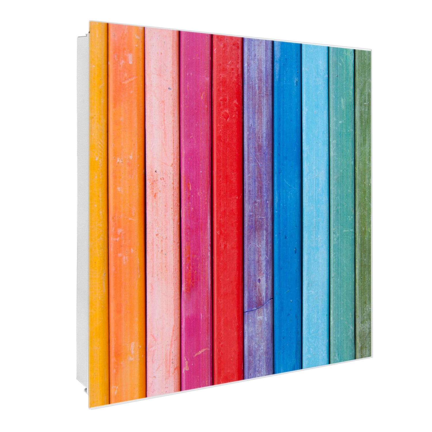 Banjado Großer Schlüsselkasten Glas 30x30cm Weiß Scharnier Rechts 50 Haken Beschreibbar Magnetisch Motiv Regenbogenfarbe