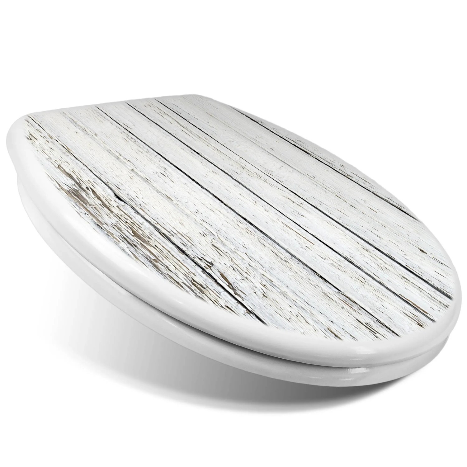 Weißer WC-Sitz mit Absenkautomatik und Bretterzaun-Motiv aus Duroplast für Standard-WCs.