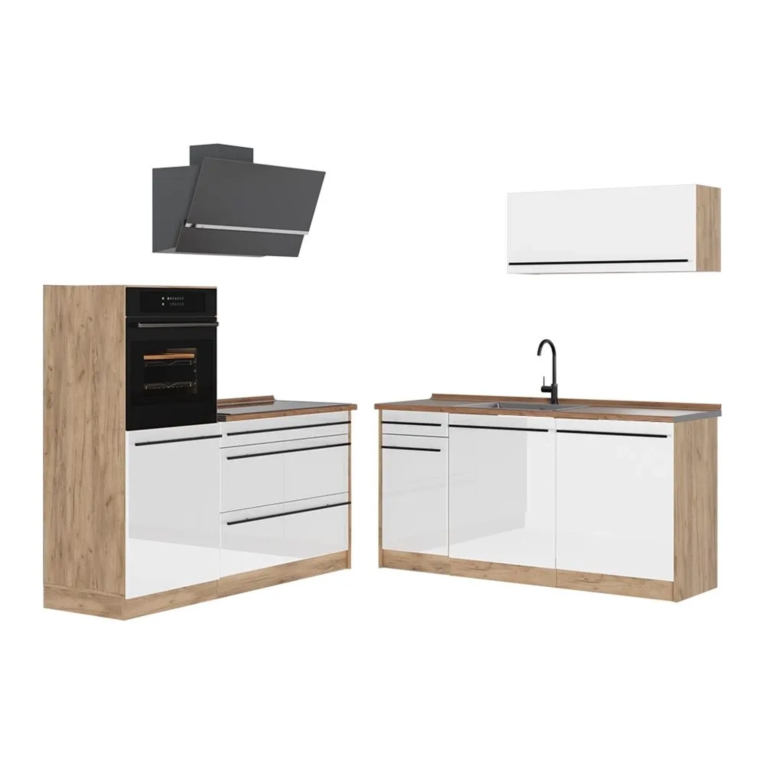 Vicco Küchenzeile R-Line Weiß Hochglanz/Goldkraft Eiche 160 x 143 Arbeitsplatte Goldkraft Eiche Art Nr 66143