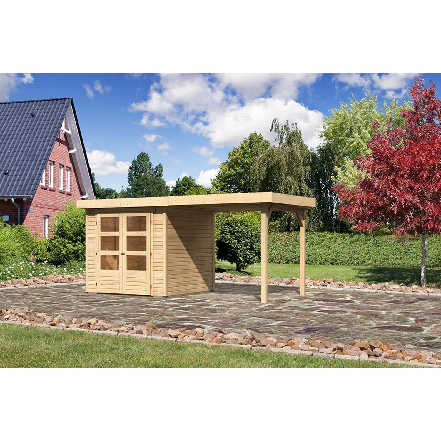 Karibu Holz-Gartenhaus Boras mit Flachdach und Anbau, unbehandelt.