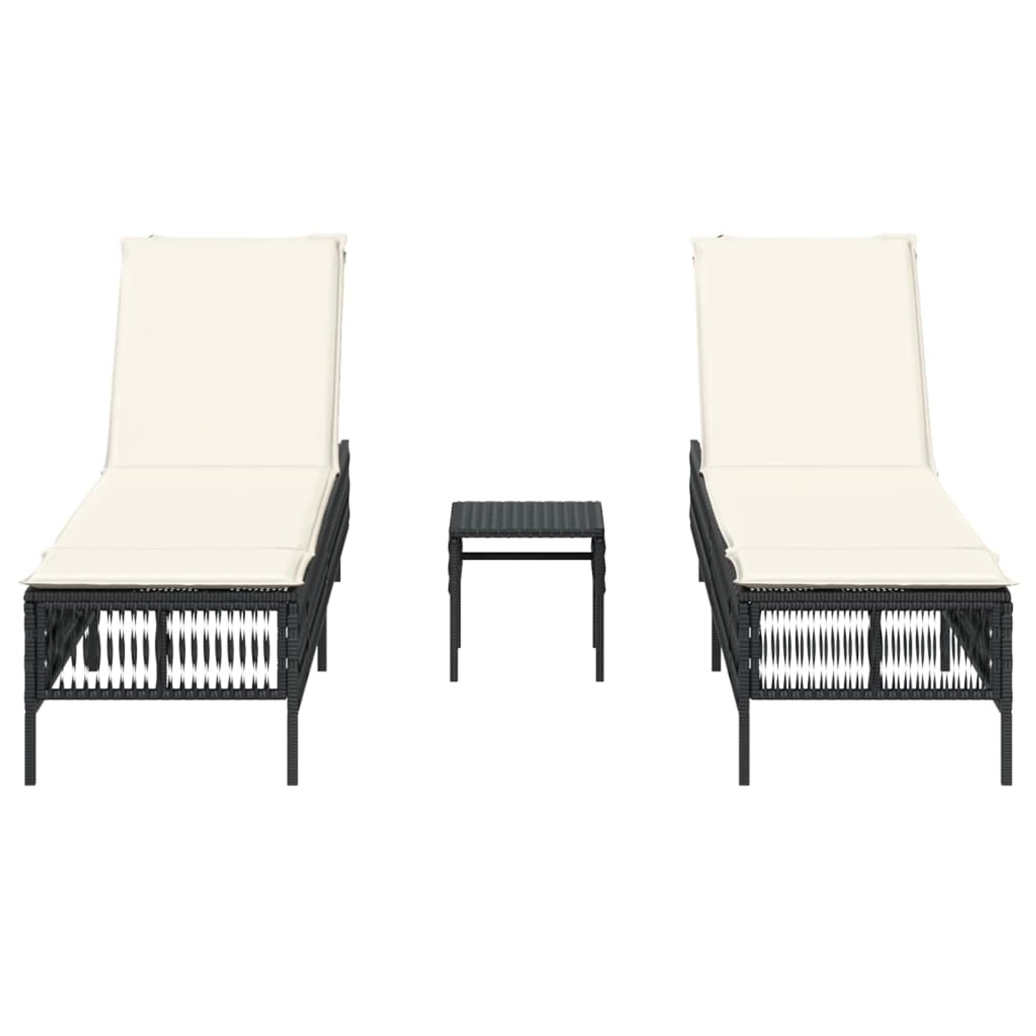 VidaXL Sonnenliegen 2er Set mit Tisch, schwarz, Poly Rattan, inklusive cremefarbener Kissen.