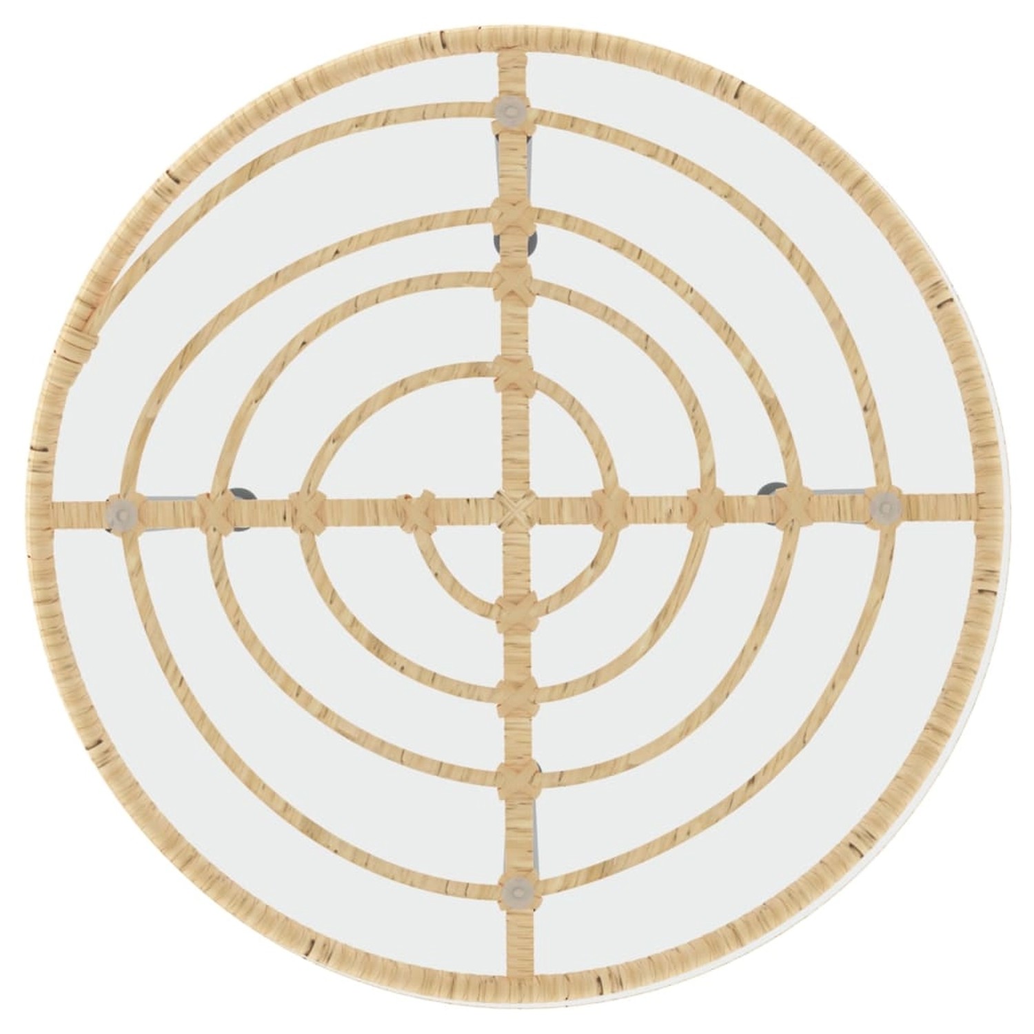 Gartentisch der vidaXL 5-tlg Essgruppe aus Poly Rattan, Draufsicht auf die Glasplatte und das Rattan-Gestell.