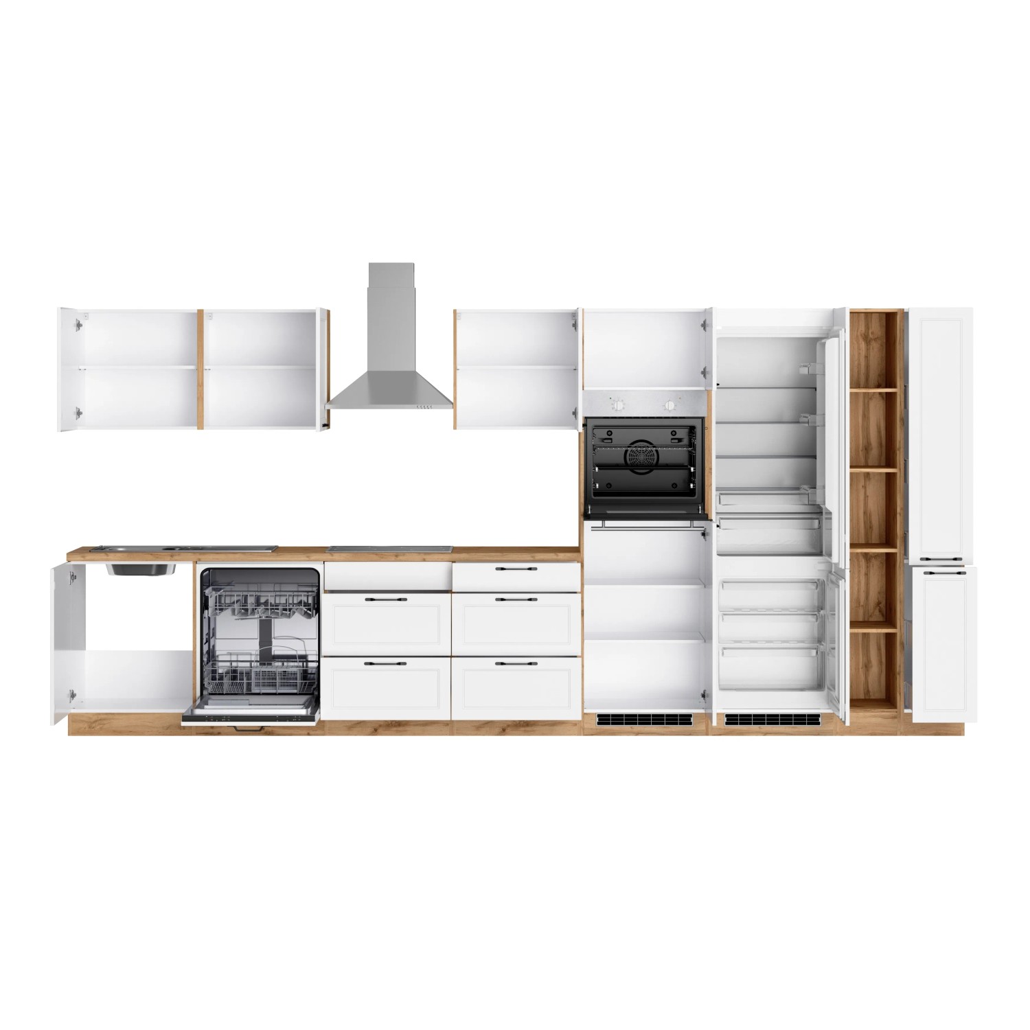 Moderne Held Küchenzeile Kempten 420 cm in Weiß/Wotan mit E-Geräten und Spüle.