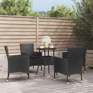 Schwarzes 5-tlg. vidaXL Garten-Bistro-Set aus Poly Rattan mit Tisch, 4 Stühlen und Kissen.
