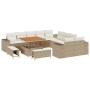 Beiges 13-tlg. Garten-Sofa-Set aus Poly Rattan mit höhenverstellbarem Tisch.
