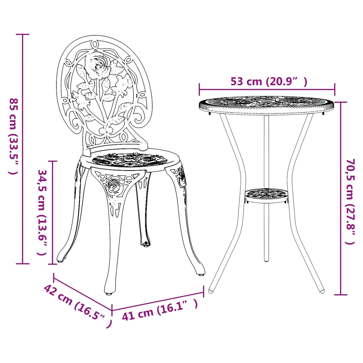vidaXL Garten Bistro Set, 3-teilig, Schwarz, Aluminium, mit Maßangaben