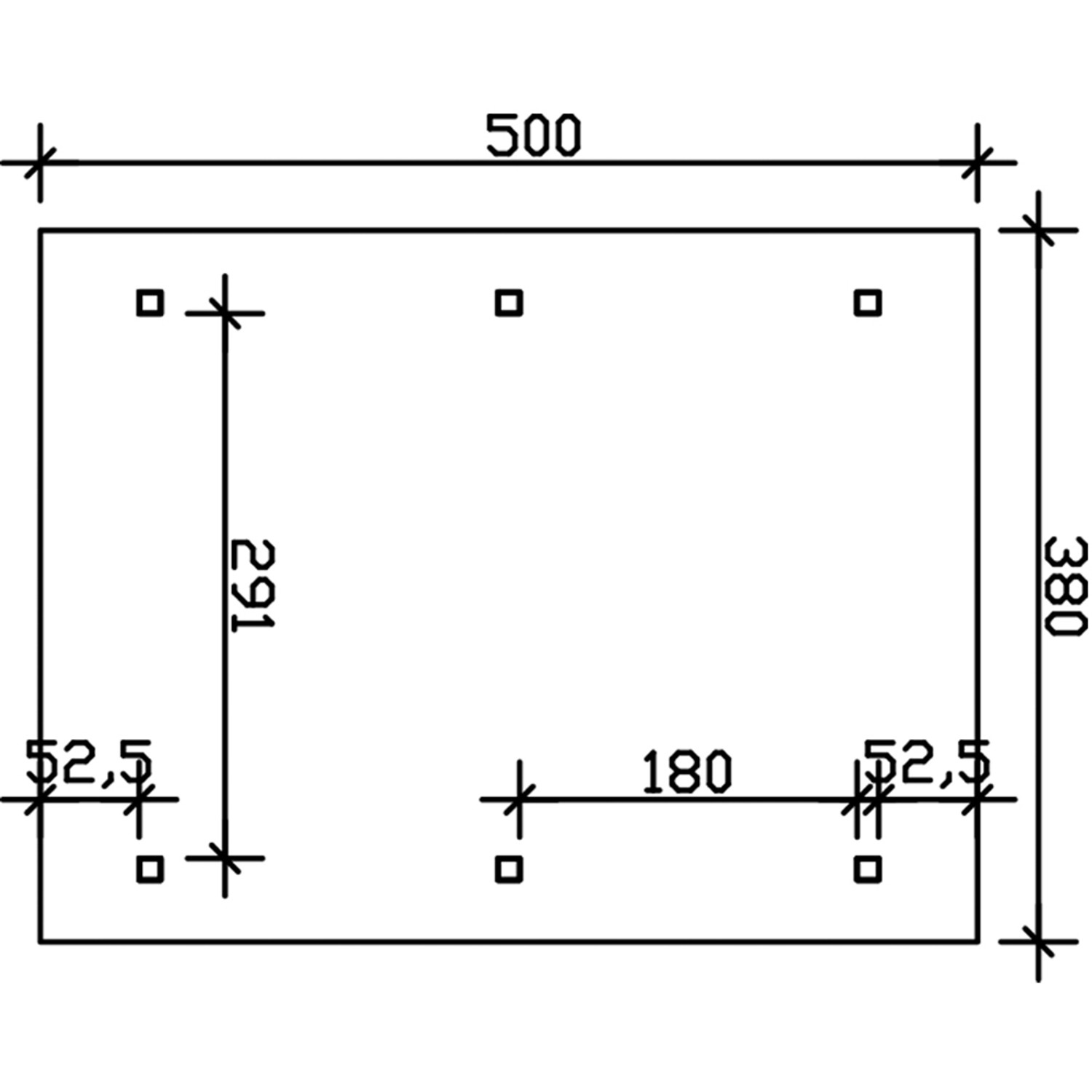 Skizze des Satteldach-Carports Wallgau (380x500cm) mit Maßangaben für Fundament und Pfosten.