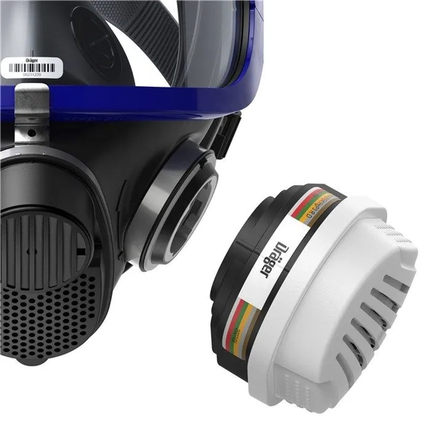Dräger X-plore 5500 Atemschutzmaske mit blauem Rahmen und separatem ABEK1 Filter. Kit für optimalen Schutz.