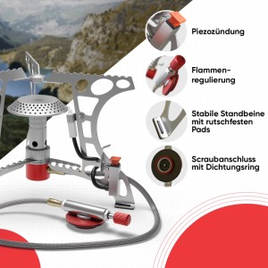 Evocamp Mini-Gaskocher 3.2 kW für Camping und Outdoor, silberfarben mit rotem Regler.