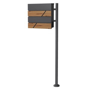 Moderner Briefkasten mit Ständer in Anthrazit und Holzoptik, inklusive Zeitungsfach.