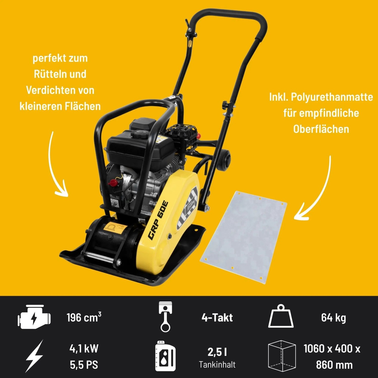 Güde Rüttelplatte GRP 60E mit Polyurethanmatte, gelb/schwarz, für Baumaschinen und Flächenverdichtung.