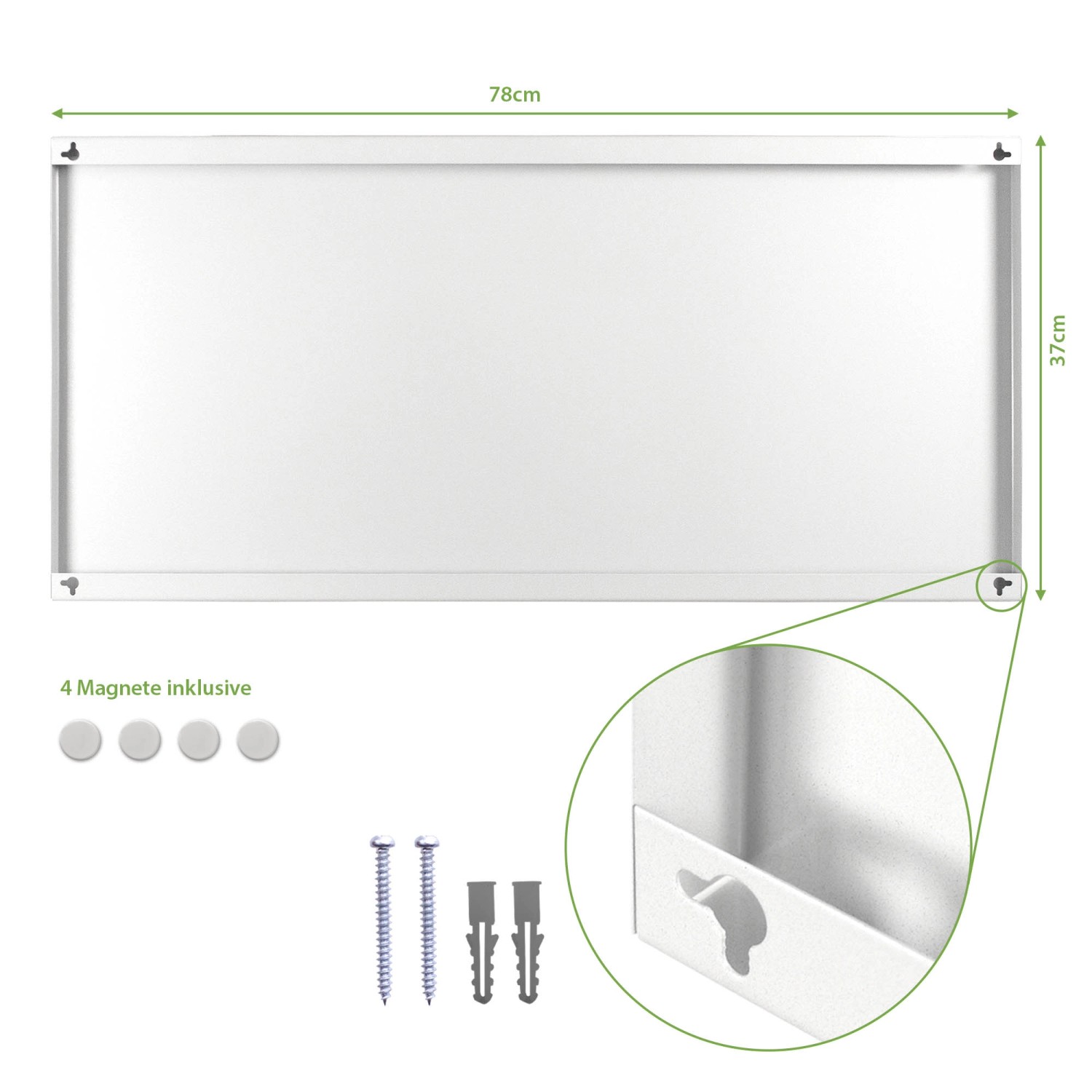 Weiße Banjado Magnettafel 78x37cm aus Metall mit 4 Magneten und Montagezubehör.