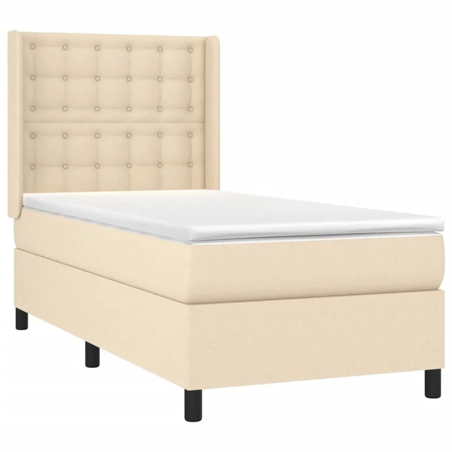 Cremefarbenes vidaXL Boxspringbett 90x200 cm mit Stoffbezug, Matratze und Kopfteil.