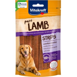 Vitakraft Pure Lammfleischstreifen für Hunde, 80g Packung mit Hund auf der Vorderseite.