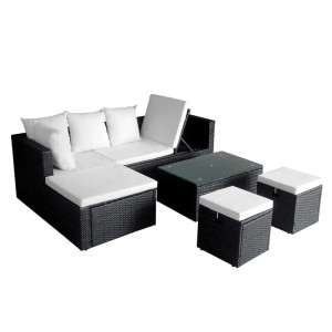 Schwarzes 4-tlg. vidaXL Garten Lounge Set aus Rattan mit Auflagen und Tisch.