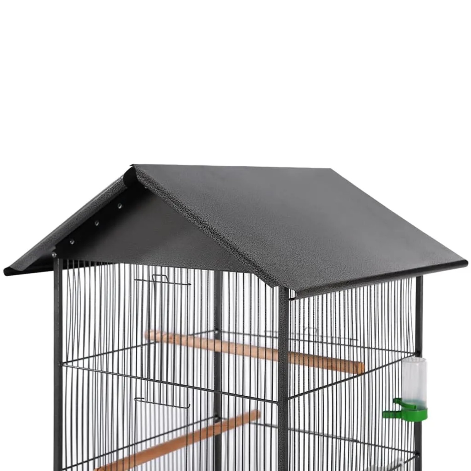 Schwarzer vidaXL Vogelkäfig mit Dach, Stahl, 66x66x155 cm, mit Sitzstangen und Wasserspender.