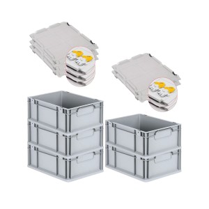 PROREGAL Spar Set: 5 graue Euroboxen mit Scharnierdeckel und gelben Verschlüssen, 16 Liter.