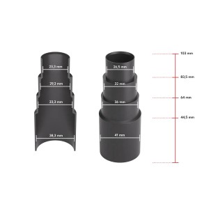 Bauheld Staubsaugeradapter, 5er Set, schwarz, mit Maßangaben zur Kompatibilität.