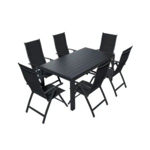 Schwarze Lex Alu Gartensitzgruppe mit Tisch und 6 Klappsesseln. Gartenmöbel für Terrasse und Balkon.