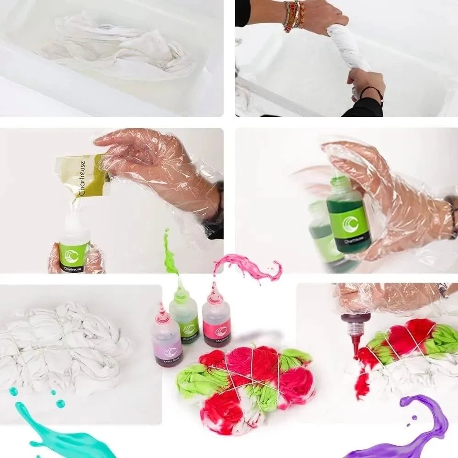 CREATEST Batikfarben-Set: DIY Textilfarbe in Aktion, verschiedene Farbtöne und Zubehör.