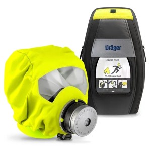 Dräger Brandfluchthaube PARAT 5520 mit CO-P2 Filter, gelb-schwarz, und Softpack. Atemschutz für Brandflucht.