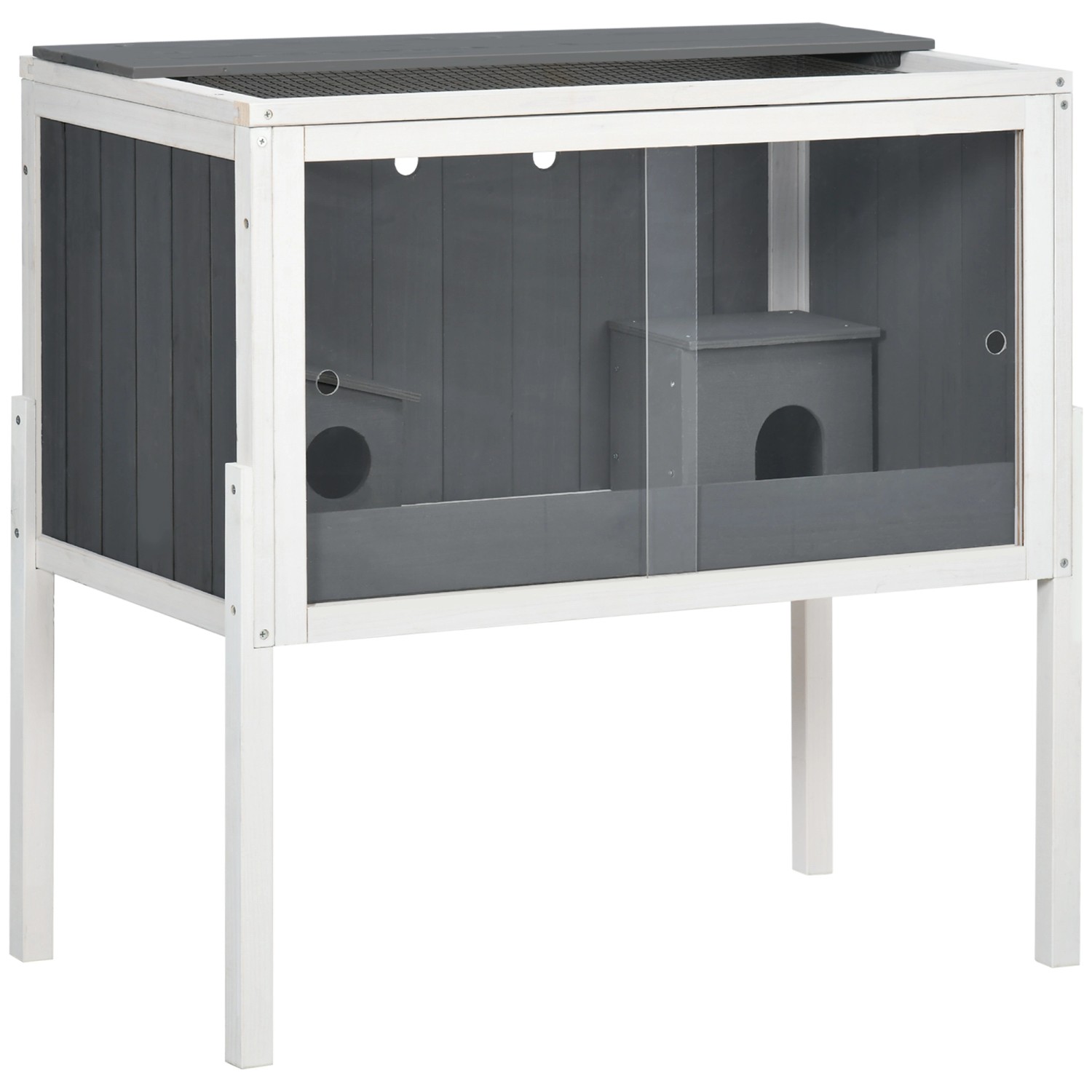 PawHut Zwerghamster-Käfig Tannenholz Metall Dunkelgrau 82L x 45B x 81H cm