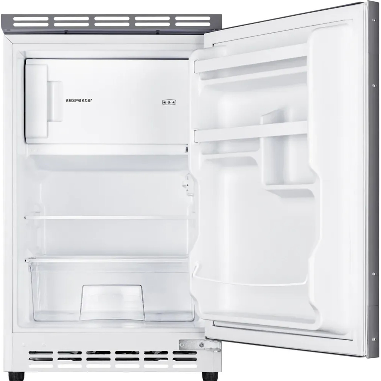 Offener Respekta Kühlschrank als Teil der Küchenzeile KB150WGMI, Innenraum mit Fächern und Schublade.