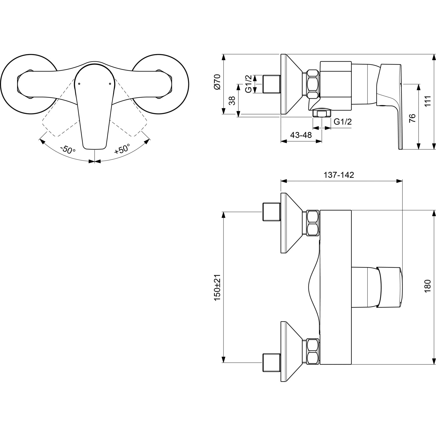 Technische Zeichnung: Ideal Standard Esla Brausearmatur Aufputz, Chrom, mit Maßen.