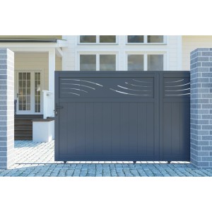 Graues Casanoov Schiebetor Halti (3,7 m) mit Pfosten (1,9 m) aus Aluminium für Gartenzufahrten.