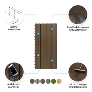 KARAT WPC Terrassenfliesen Royal, 30x60 cm, dunkelbraun, 6er Set. Klickfliesen für Terrasse, Balkon und Garten.