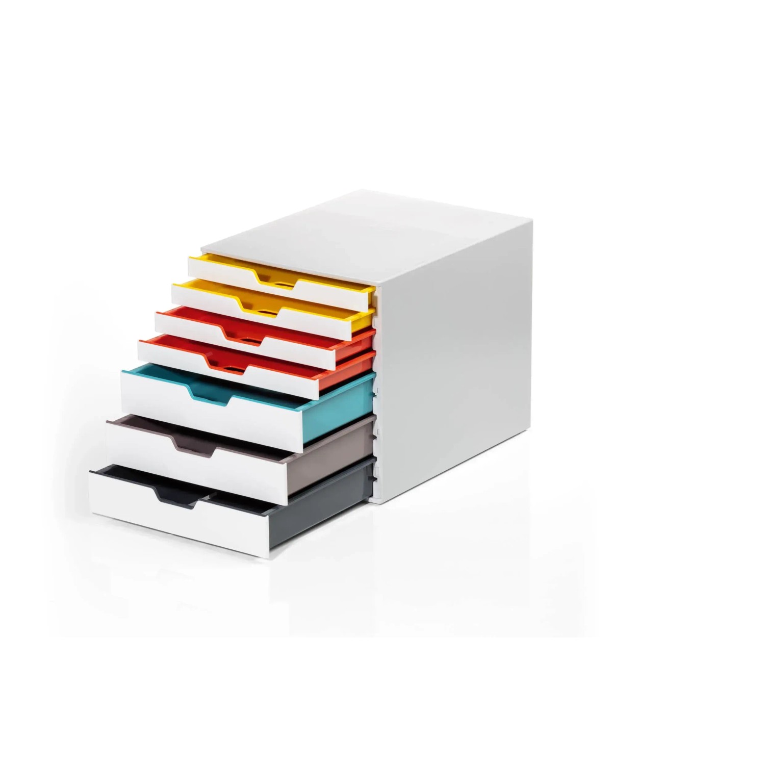 Durable Schubladenbox A4 Varicolor mit 7 Fächern in verschiedenen Farben zur Büroorganisation.
