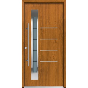Splendoor Thermospace Haustür Berlin Prime Golden Oak mit Glasausschnitt und Edelstahlapplikationen.