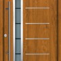 Splendoor Thermospace Haustür Berlin Prime Golden Oak mit Glasausschnitt und Edelstahlapplikationen.