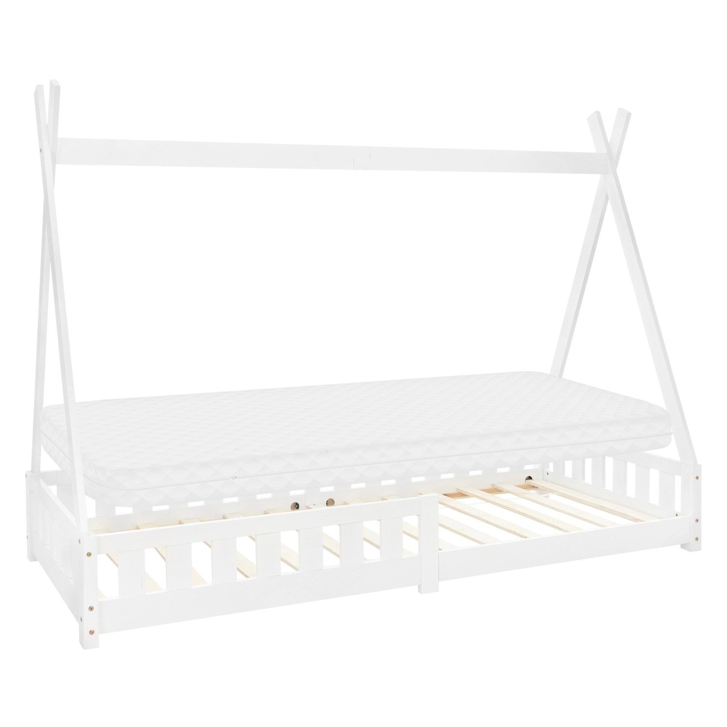 ML-Design Kinderbett Tipi 90x200 cm Weiß Matratze H10cm Rausfallschutz