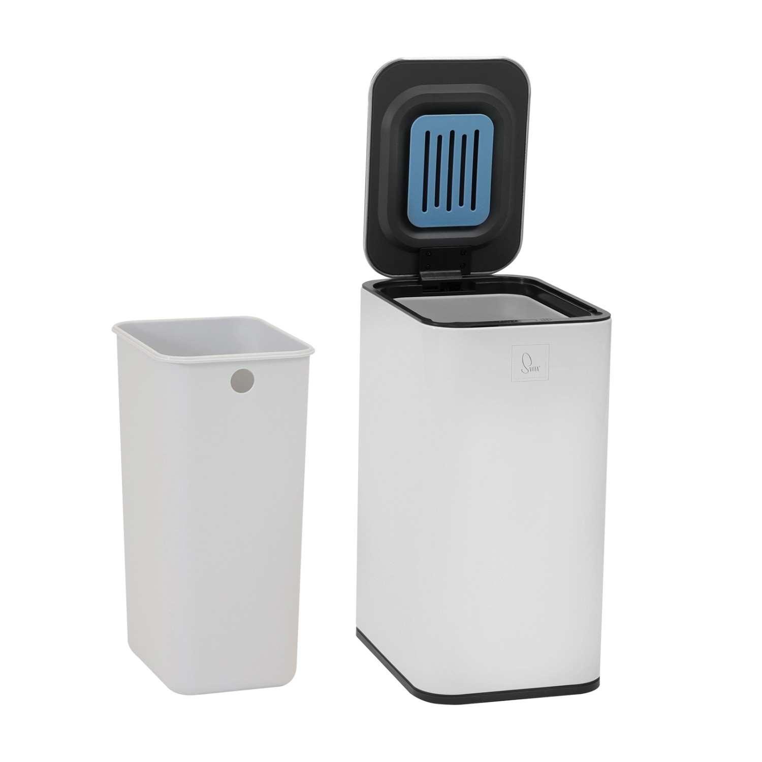 Weißer Svita Sensormülleimer SE13L mit offenem Deckel und herausnehmbarem Inneneimer.