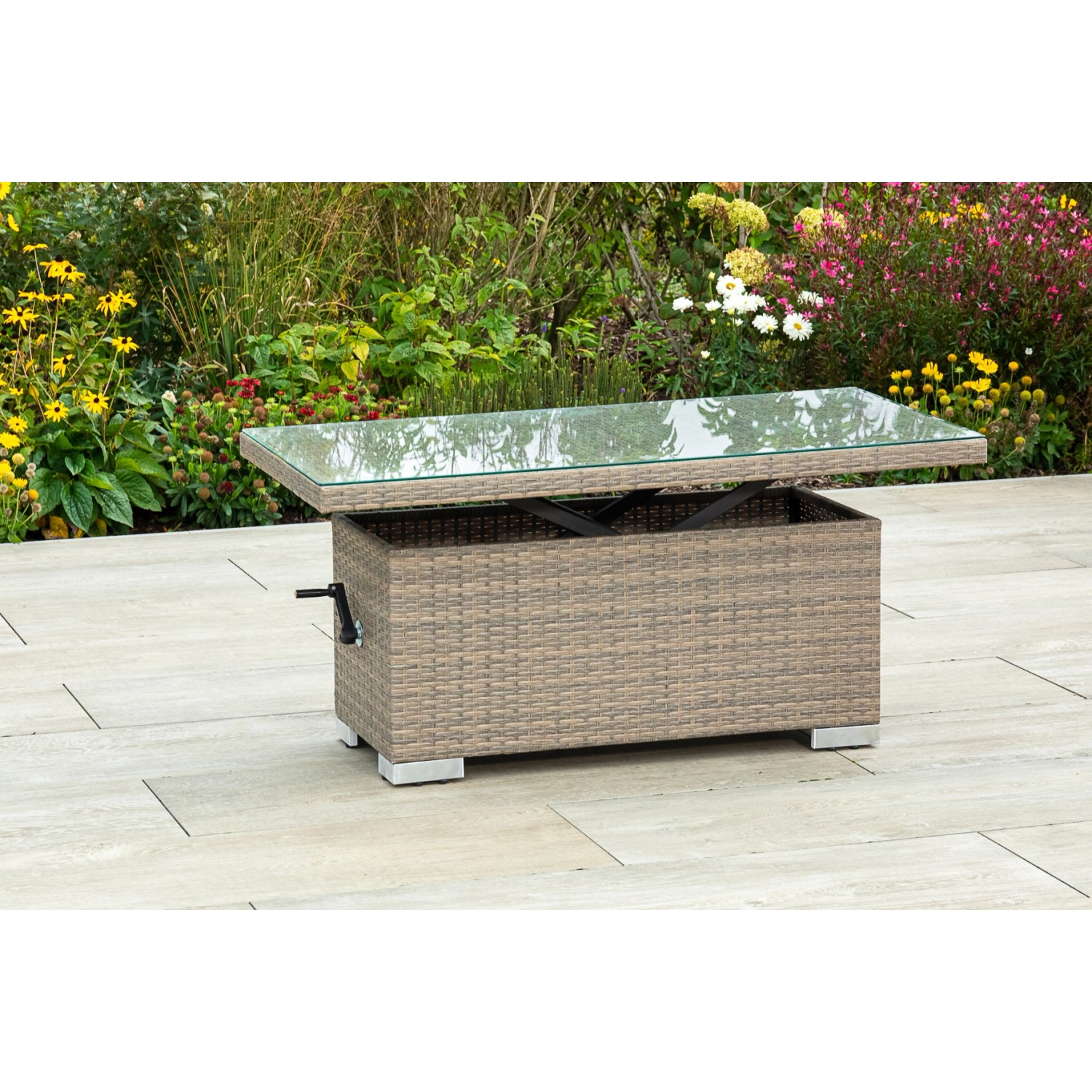 Merxx Bellante Gartentisch, 120x60 cm, höhenverstellbar, Stahl/Kunststoffgeflecht mit Glasplatte.