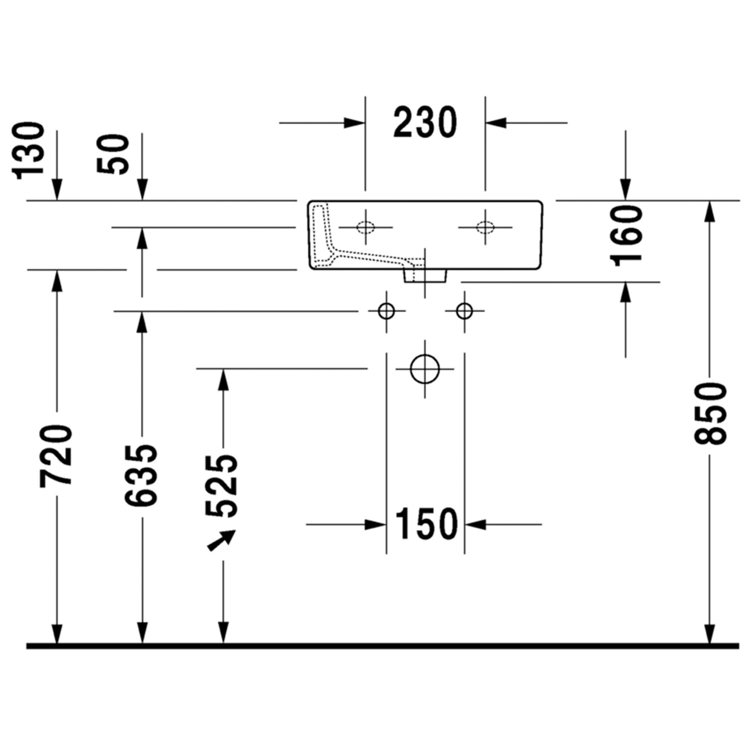 Technische Zeichnung: Duravit Handwaschbecken Vero, 45 cm, weiß, für Gäste-WC. Maße und Details.