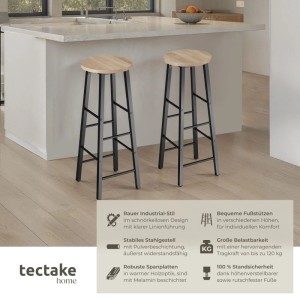 Tectake Set Barhocker Keynes Industrial Style Holz und Stahl  31 x 31 x 72 50 cm Industrial Holz Hell  Eiche Sonoma