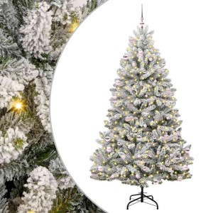 Beflockter künstlicher Weihnachtsbaum, 240 cm, grün-weiß, mit warmweißen LEDs und rosa Kugeln auf schwarzem Ständer.