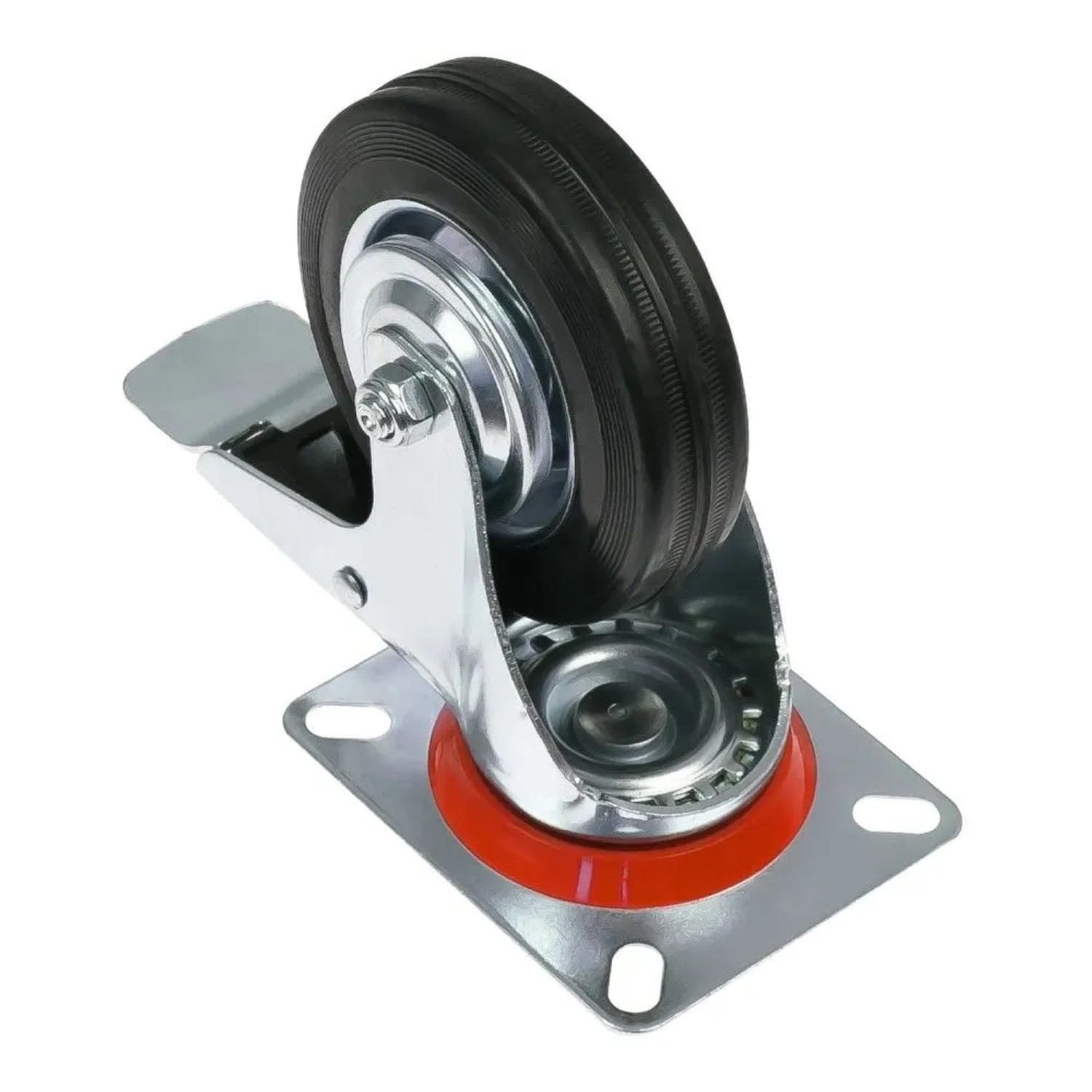 Schwarze HMF Schwerlastrolle 100 mm aus Vollgummi mit Bremse und verzinktem Gehäuse für Möbel & Regale.