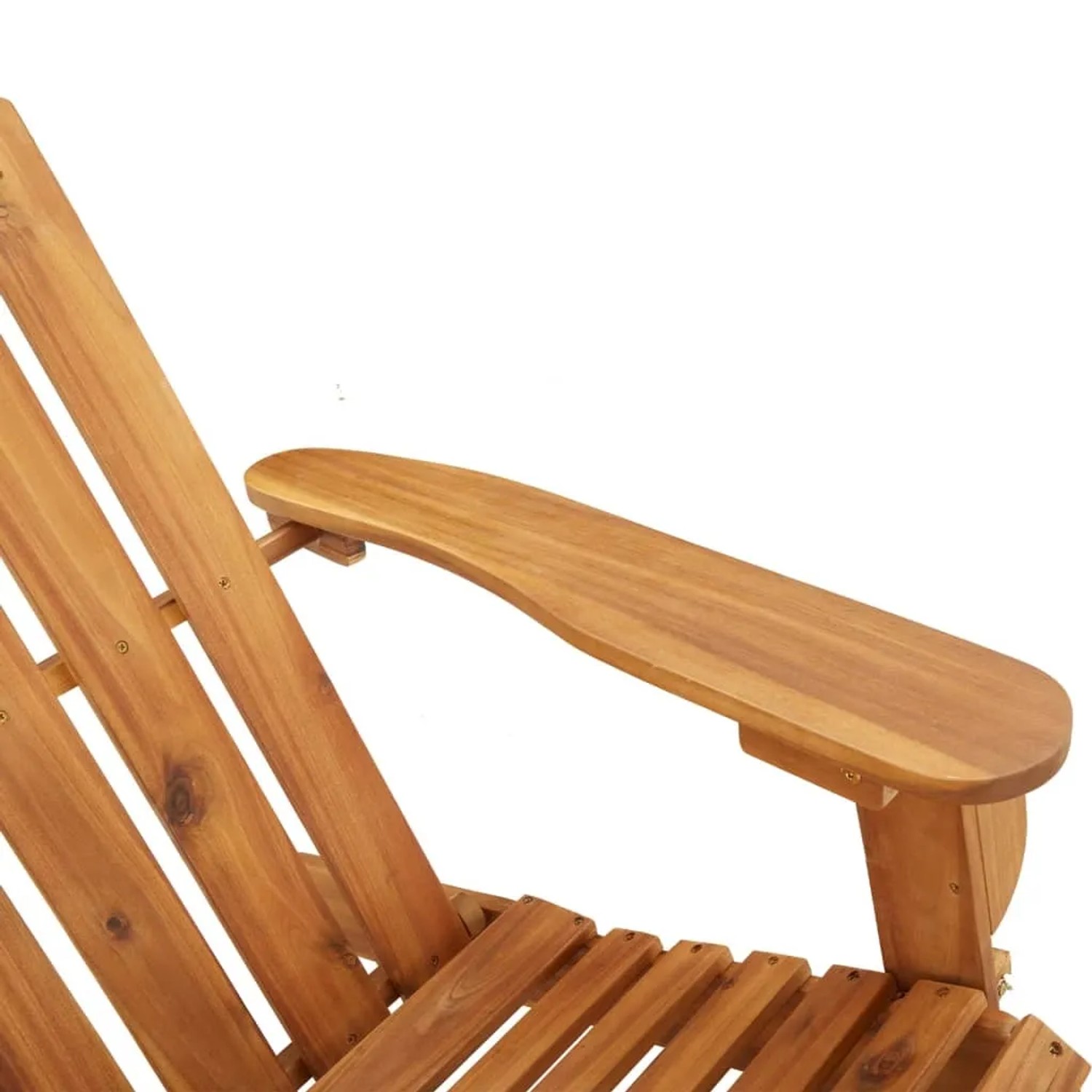 Detailansicht: Armlehne der Adirondack Gartenbank aus Akazienholz.